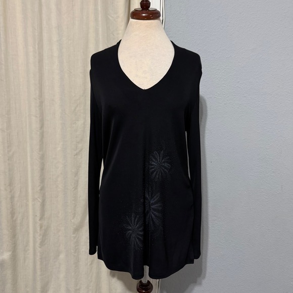 CDC Tops - CDC Black Long Sleeve V Neck Tunic Stretch Top Embellished Floral Beaded Size 12